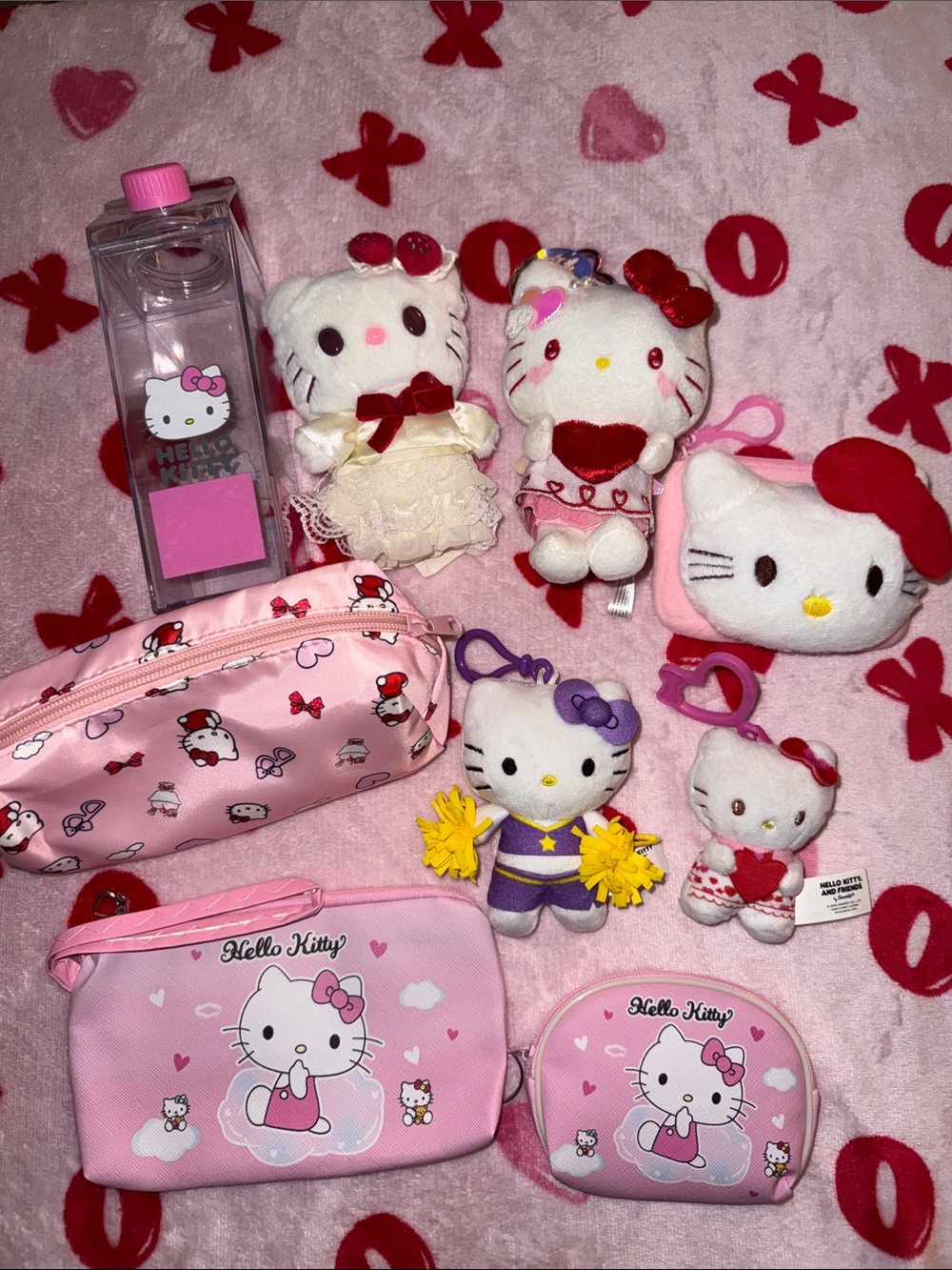 Hello Kitty Pink Plush Keychain & Pouch Set with Water Bottle